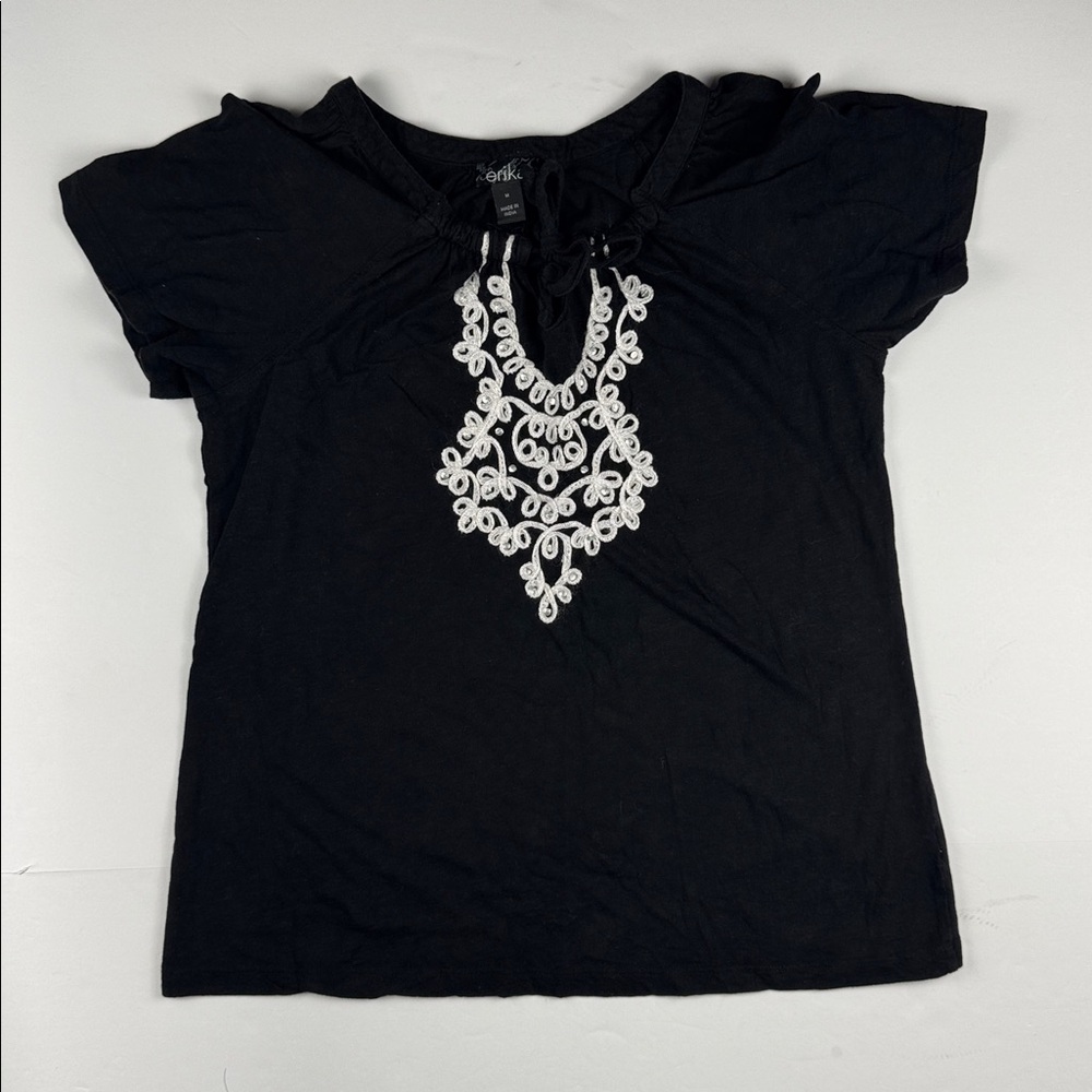 Black short sleeve top with embroidered details around neckline size medium